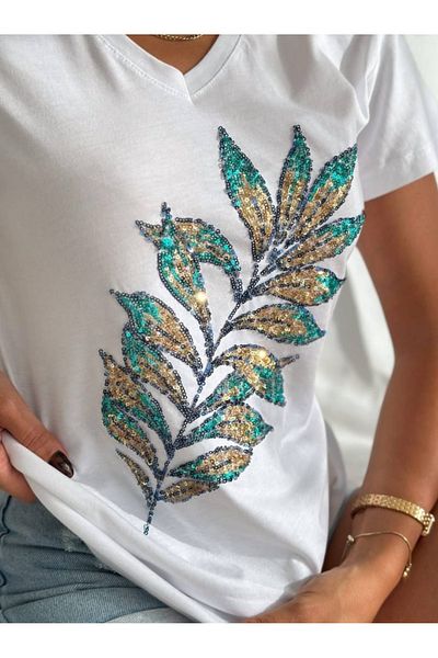 Birru Butik Women's V-Neck 100% Cotton Sequin Leaf Embroidered T-Shirt