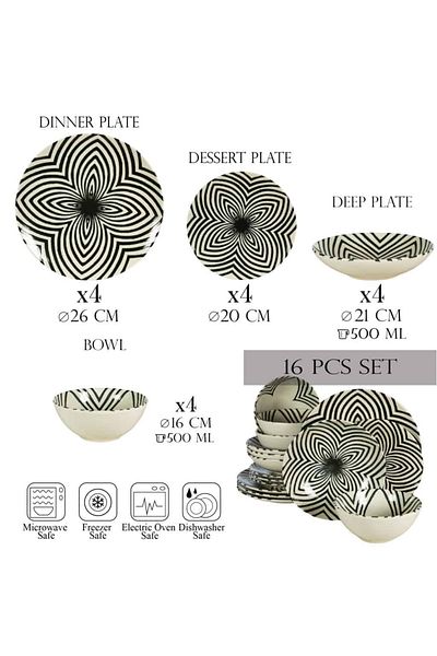 Cesiro 16-piece plate set, for 4 people, Hypnosis, Cesiro, Ivory white with black lines