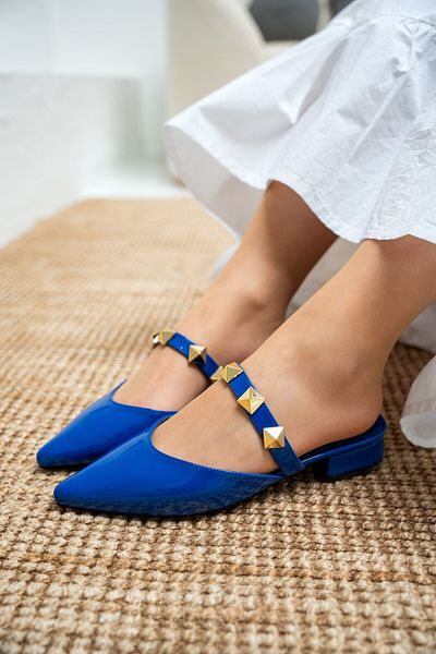 LAMİNTA Ricco Navy Blue Patent Leather Women's Slippers with Staple Detail