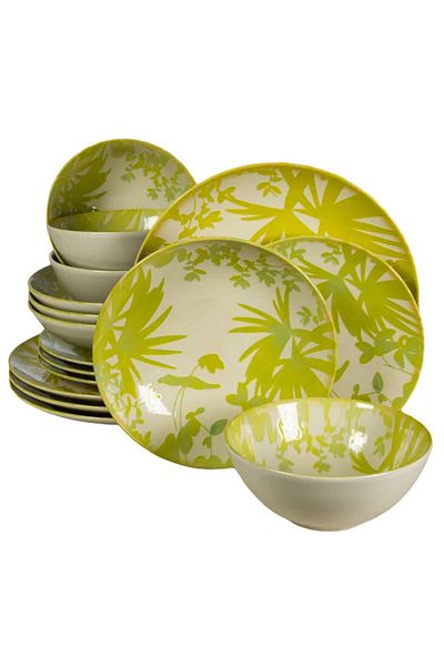 Cesiro 16-piece plate set, for 4 people, Hawaii, Cesiro, Ivory white with yellow-green leaves