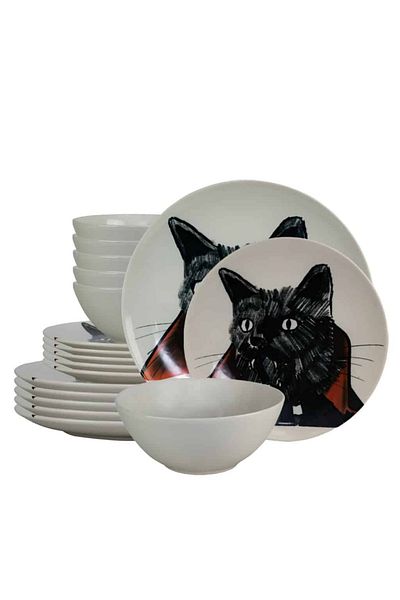 Cesiro 18-piece plate set, for 6 people, Dracula Cat, Cesiro, Ivory White with Cat