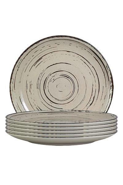 Cesiro Set of 6 wide plates, 26 cm, Stone, Cesiro, Made in Romania, Ivoire white with brown lines