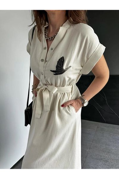QİMYA BUTİK EGZOTİK ASORTIK Γυναικείο στήθος πουλί κεντημένο ελαστικό στη μέση ζωσμένο γιακά με κουμπωτά βαμβακερό φόρεμα