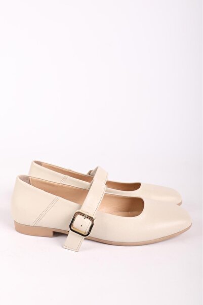 Hayati Arman Women's Genuine Leather Top Strappy Ballerinas Beige