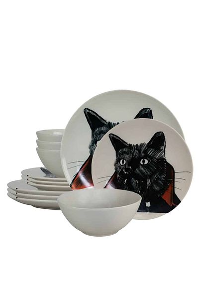 Cesiro 12-piece plate set, for 4 people, Dracula Cat, Cesiro, Ivory White with Cat