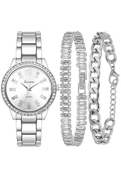 Forentina Gri Metal Kol Saati-Baget Taşlı 2li Bileklik Kombin Set PS4032