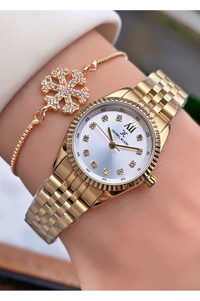 Daniel Klein Gold Colored Small Case Women's Wristwatch and Bracelet Gift