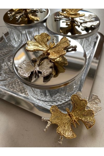 Fiyakalı Ürünler Atölyesi Silver Square Tray, Lidded 4-Piece Elysia Glass Bowl - Magnolia, Snack, Spice, Ice Cream Bowl
