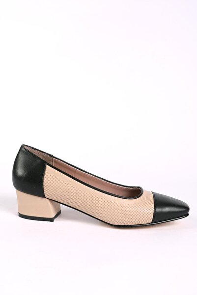 Hayati Arman Women's Genuine Leather Heeled Ballerinas Beige - Black