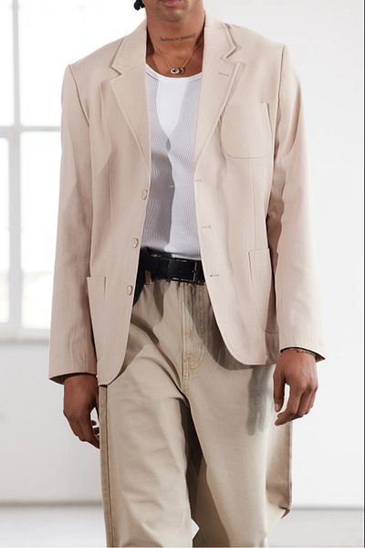 Pierre Cassi Silm Fit Herringbone Woven Blazer Jacket Stone 100% Cotton