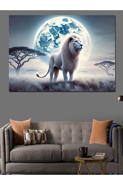 Tablomega Διακοσμητικός καμβάς White Lion in Moonlight - Ξύλινος πίνακας MDF