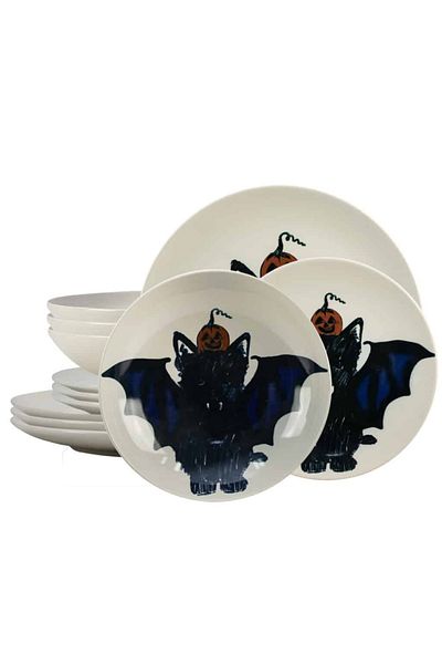 Cesiro 12-piece plate set, for 4 people, BatKitty, Cesiro, Ivory White with Cat