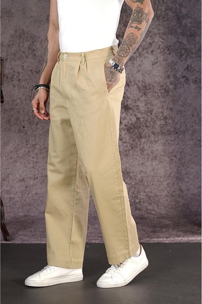 king brich Wide Leg Gabardine Trousers with Pleated Pockets