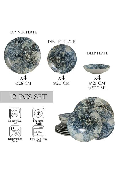 Cesiro 12-piece plate set, for 4 people, Cesiro, Ivory White with Blue