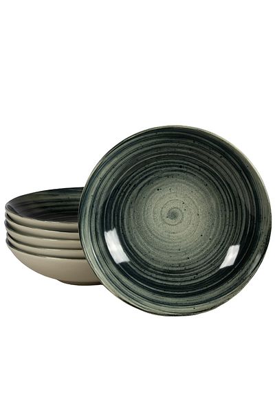 Cesiro Set of 6 deep plates, 21 cm, Whirlwind, Cesiro, Made in Romania, Ivory White with Black