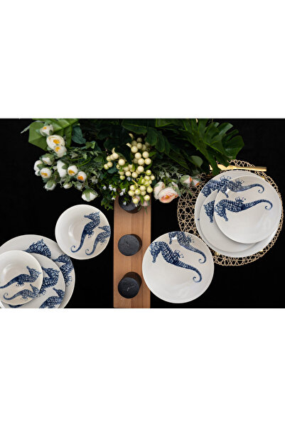 Cesiro Set farfurii 16 piese, pentru 4 persoane, Valuri Marine, Cesiro, Alb decor cai de mare