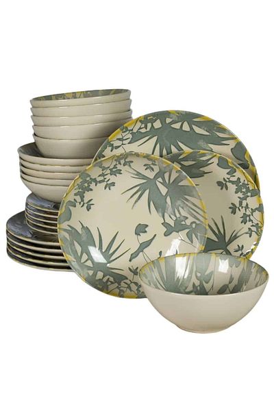 Cesiro 24-piece plate set, for 4 people, Hawaii, Cesiro, Ivory white with gray leaves