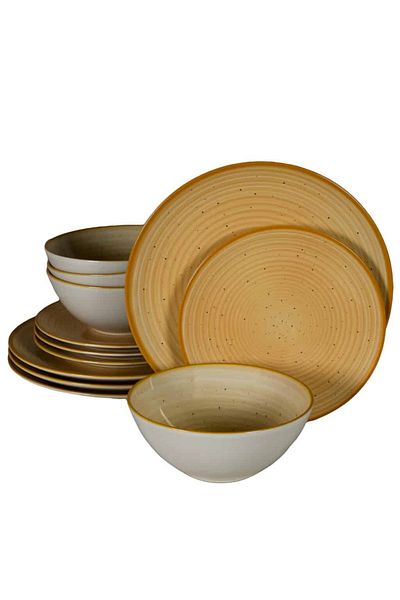Cesiro 12-piece plate set, for 4 people, Sundown, Cesiro, Glossy Ivoire White with Yellow