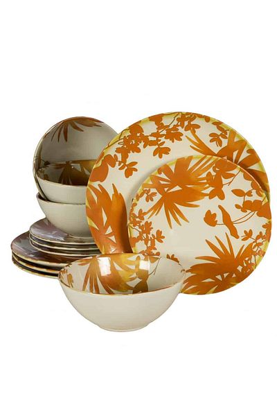 Cesiro 12-piece plate set, for 4 people, Hawaii, Cesiro, Ivory White with orange leaves