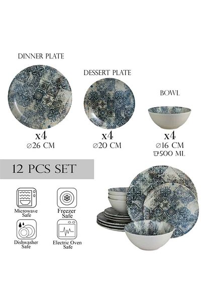 Cesiro 12-piece plate set, for 4 people, Blue Tiles, Cesiro, Ivory/Blue