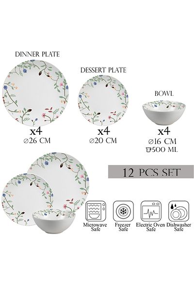Cesiro 12-piece plate set, 4 people, bowl set - Insieme Fiori Eleganti - Italian Porcelain Dinnerware Set