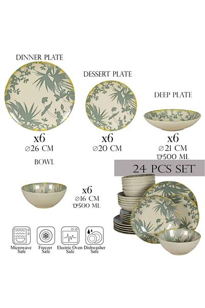 Cesiro 24-piece plate set, for 4 people, Hawaii, Cesiro, Ivory white with gray leaves