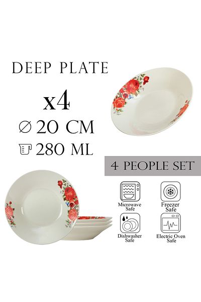 Cesiro Set of 4 deep plates 20 cm x 280 ml, for 4 people, Cesiro Porcelain, Ivoire with red rose