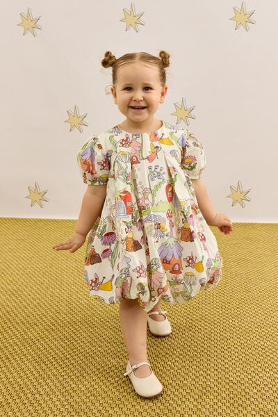 Fahhar Kids Bomb Elbise Mantar Desenli Ekru