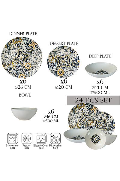 Cesiro 24-piece plate set, 6 people - Ensemble Mosaico Lussuoso - Italian Porcelain Dinnerware Set