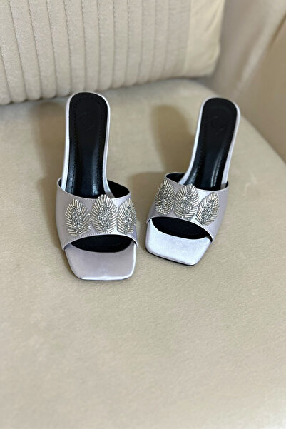 BZC AYAKKABI Satin Women's Slippers with Bead Stone Details