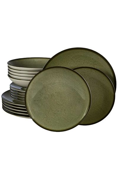 Cesiro 18-piece plate set, for 6 people, Earth Green, Cesiro, Ivoire White with Green