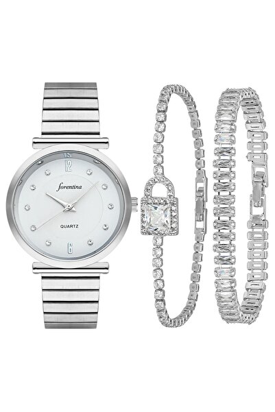 Forentina Gri Metal Kol Saati-Kilit Model 2li Bileklik Kombin Set PS4035