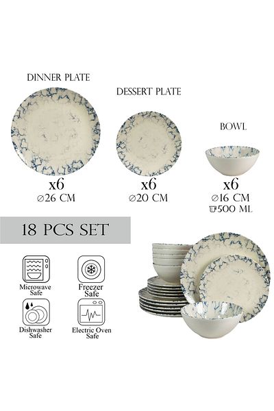 Cesiro 18-piece plate set, for 6 people, Marble, Cesiro, Glossy Ivoire White with Blue
