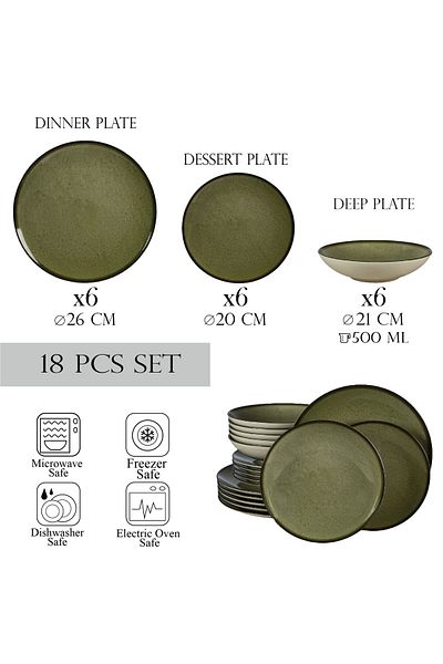Cesiro 18-piece plate set, for 6 people, Earth Green, Cesiro, Ivoire White with Green
