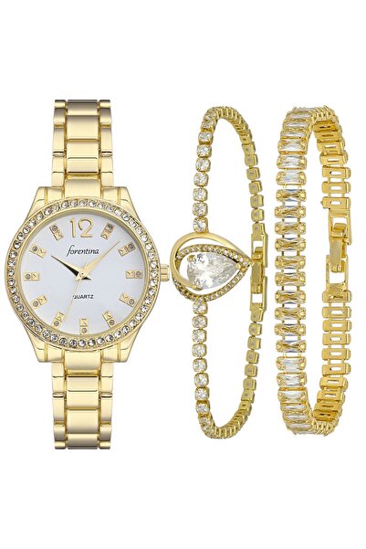 Forentina Gold Metal Kol Saati-Beyaz Taşlı 2li Bileklik Kombin Set PS4038