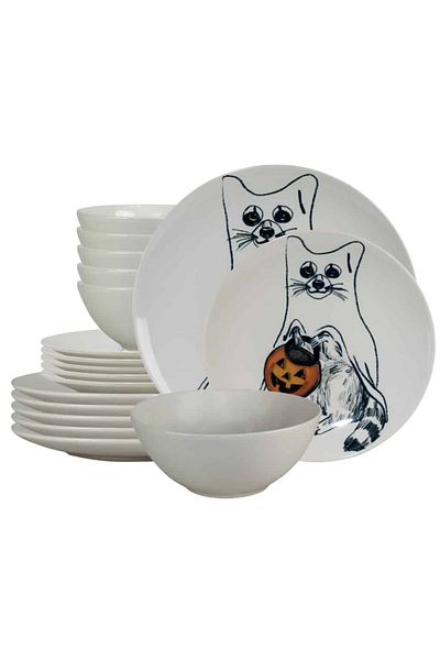 Cesiro 18-piece plate set, for 6 people, Pumpkin Cat, Cesiro, Ivory White with Cat