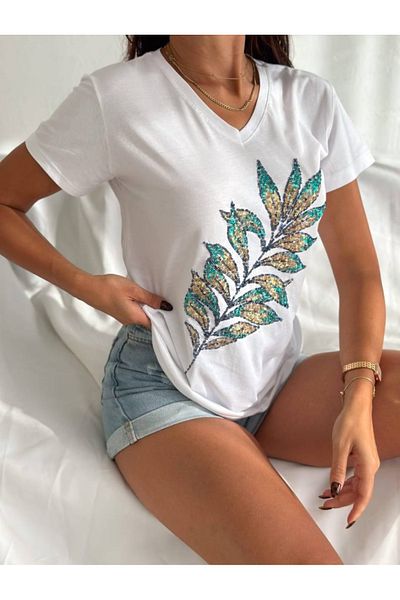 Birru Butik Women's V-Neck 100% Cotton Sequin Leaf Embroidered T-Shirt