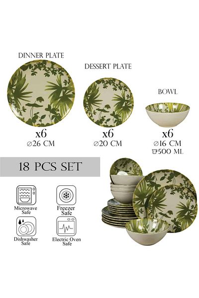 Cesiro 18-piece plate set, for 6 people, Hawaii, Cesiro, Ivory white decorated with green leaves