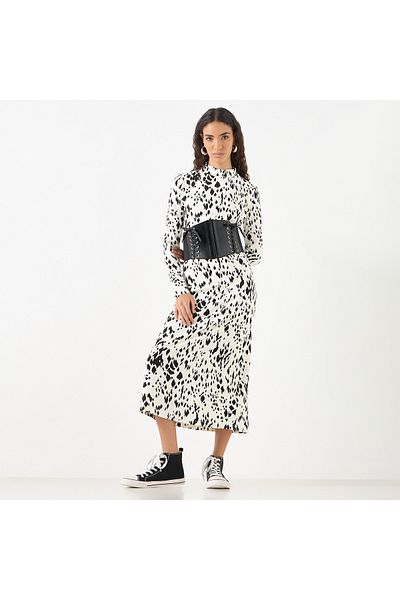 FAV All-Over Print High Neck Shift Dress with Long Sleeves