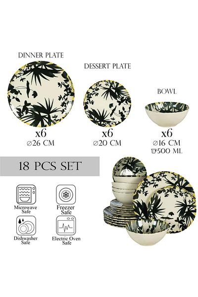 Cesiro 18-piece plate set, for 6 people, Hawaii, Cesiro, Ivory decorated with black leaves