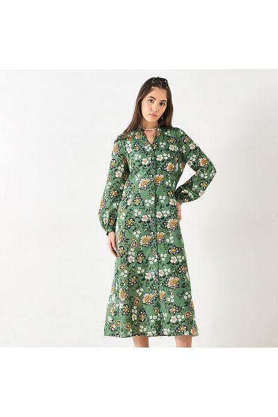FAV All-Over Floral Print Mandarin Collar Shirt Dress with Long Sleeves