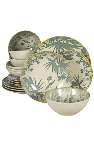 Cesiro 16-piece plate set, for 4 people, Hawaii, Cesiro, Ivory white with black leaves