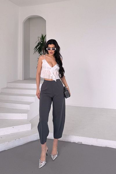 Stil Reyonu Crepe Fabric Full-Length Lycra Balloon Pants Without Belt