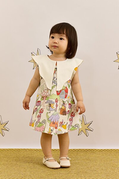 Fahhar Kids Asymmetric Collar Ecru Dress Mushroom Pattern