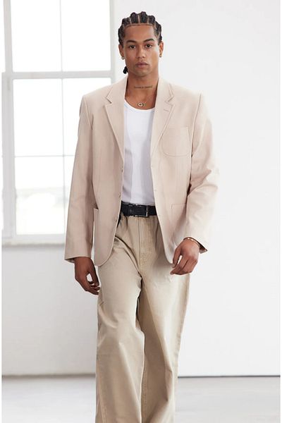 Pierre Cassi Silm Fit Herringbone Woven Blazer Jacket Stone 100% Cotton