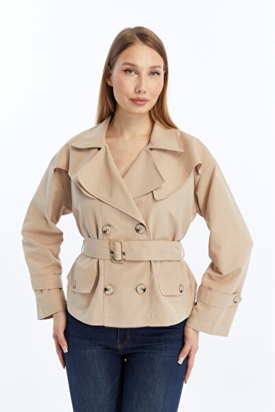 Jamila Çift Yakalı Kısa Kadın Trençkot