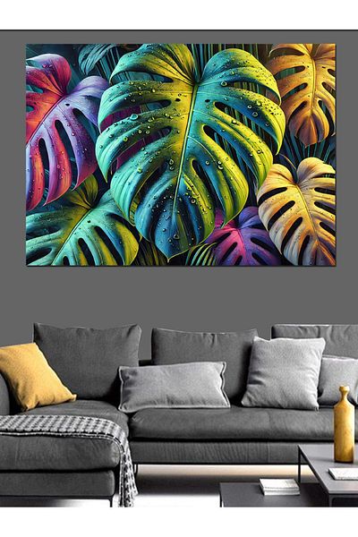 Tablomega Διακοσμητικός καμβάς Neon Tropical Leaves - Ξύλινος πίνακας MDF