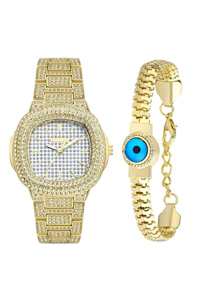 Forentina Gold Metal Taşlı Kol Saati-Nazar Boncuklu Bileklik Kombin Set PS4021