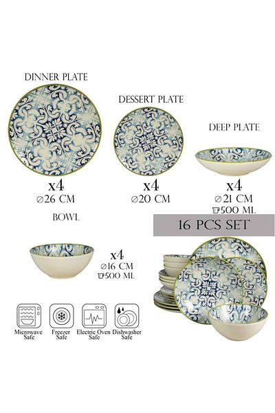 Cesiro 16-piece plate set, for 4 people, Marocco, Cesiro, Ivory white with blue