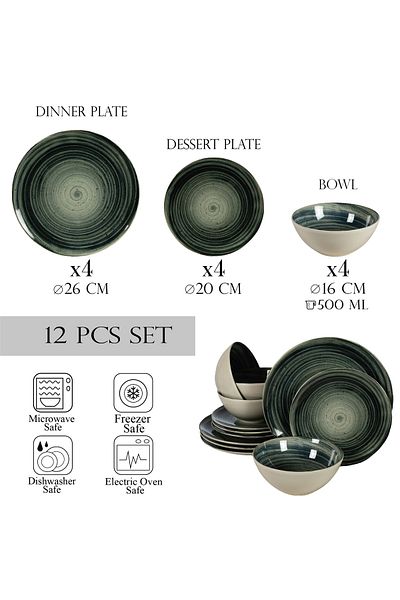 Cesiro 12-piece plate set, for 4 people, Whirlwind, Cesiro, Glossy Ivoire White with Black